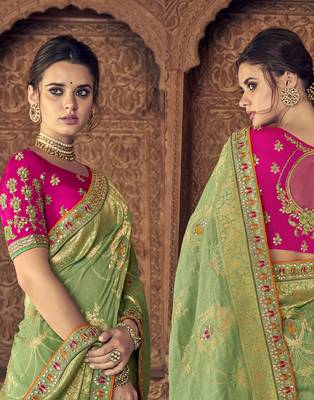 Green embroidered silk blend saree with blouse 2