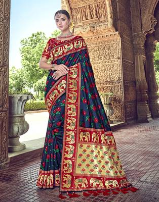 Navy blue embroidered silk blend saree with blouse 1