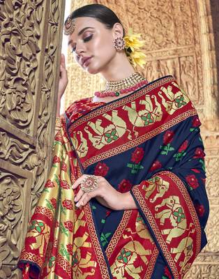 Navy blue embroidered silk blend saree with blouse 2