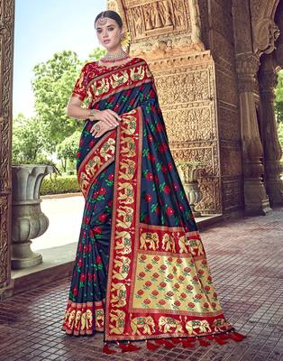 Navy blue embroidered silk blend saree with blouse 3