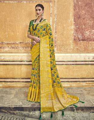 Yellow embroidered silk blend saree with blouse 1