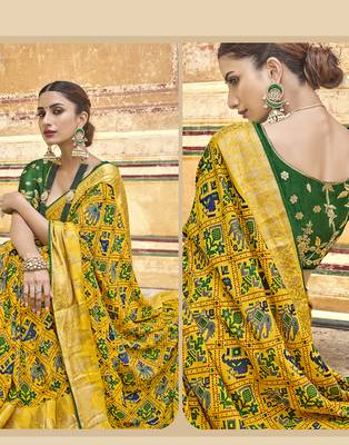 Yellow embroidered silk blend saree with blouse 2