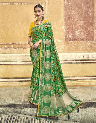 Green embroidered silk blend saree with blouse 1