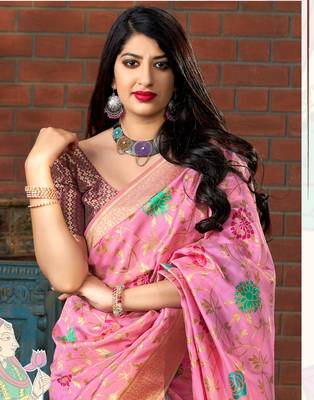 Pink woven banarasi silk saree with blouse 2