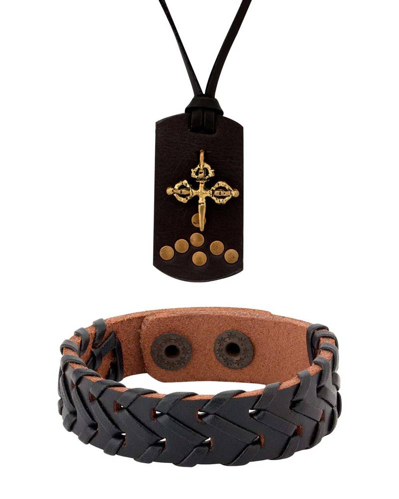 Celtic Cross Leather Pendant & Black Woven Leather Bracelet Combo