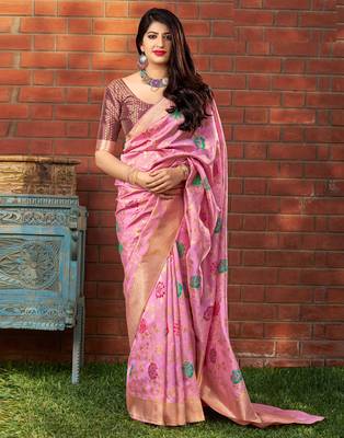 Pink woven banarasi silk saree with blouse 1