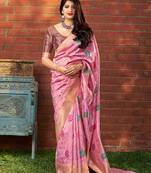 Pink woven banarasi silk saree with blouse