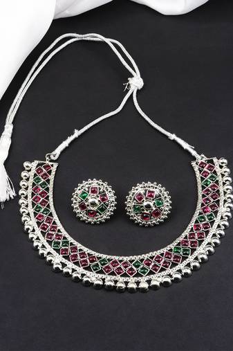 Multicolour Stone Studded Silver Plated Metallic Necklace Sets