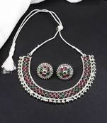 Multicolour Stone Studded Silver Plated Metallic Necklace Sets
