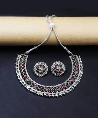 Multicolour Stone Studded Silver Plated Metallic Necklace Sets 2