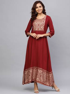 Maroon printed liva long-kurtis 1