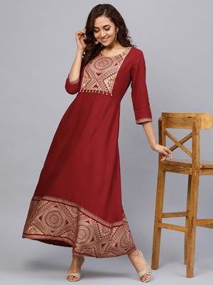 Maroon printed liva long-kurtis 4