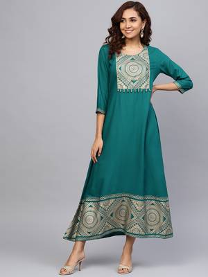 Dark-teal printed liva long-kurtis 1