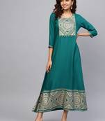 Dark-teal printed liva long-kurtis
