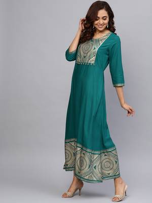 Dark-teal printed liva long-kurtis 3
