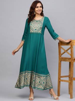 Dark-teal printed liva long-kurtis 4