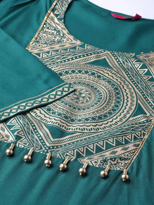 Dark-teal printed liva long-kurtis 5