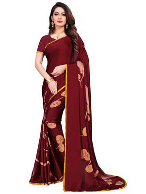 Maroon printed satin saree with blouse 1