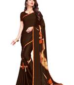 Brown printed satin saree with blouse
