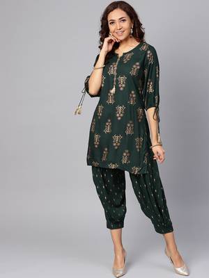 Green floral print rayon salwar 1