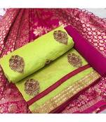 Women's Lemon Green & Pink Chanderi Cotton Embroidered Unstitch Dress Material With Dupatta