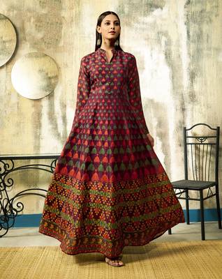 Wine Printed Chanderi Ethnic Kurtis 1