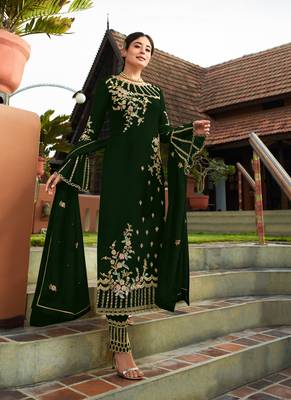 Dark-green embroidered faux georgette salwar 1