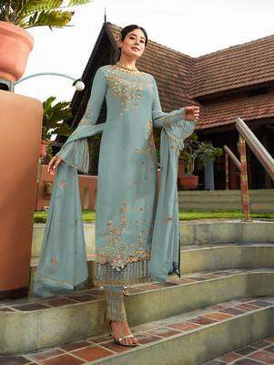 Light-blue embroidered faux georgette salwar 1