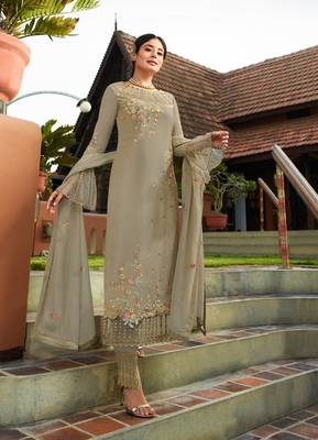 Slate-grey embroidered faux georgette salwar 1