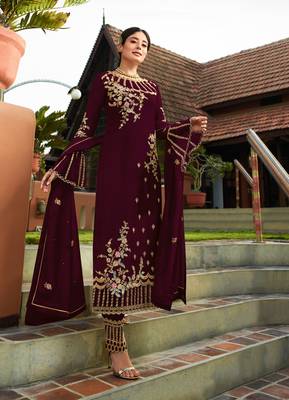 Wine embroidered faux georgette salwar 1