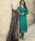 Turquoise embroidered satin salwar