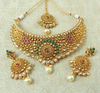 Lalso Designer Kundan Stone Multicolour Gold Plated Bridal Choker Necklace Earring Maangtikka Jewelry Set-LCN34_MG 1