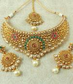 Lalso Designer Kundan Stone Multicolour Gold Plated Bridal Choker Necklace Earring Maangtikka Jewelry Set-LCN34_MG