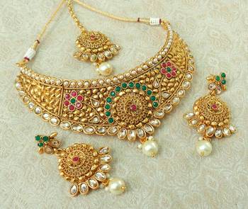 Lalso Designer Kundan Stone Multicolour Gold Plated Bridal Choker Necklace Earring Maangtikka Jewelry Set-LCN34_MG 2