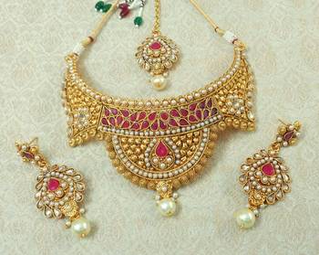 Lalso Designer Kundan Stone Ruby Gold Plated Bridal Choker Necklace Earring Maangtikka Jewelry Set-LCN35_RB 1