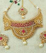 Lalso Designer Kundan Stone Ruby Gold Plated Bridal Choker Necklace Earring Maangtikka Jewelry Set-LCN35_RB