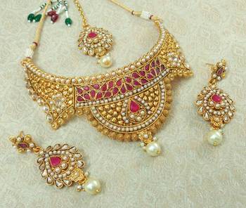 Lalso Designer Kundan Stone Ruby Gold Plated Bridal Choker Necklace Earring Maangtikka Jewelry Set-LCN35_RB 2