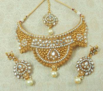 Lalso Designer Kundan Stone White Gold Plated Bridal Choker Necklace Earring Maangtikka Jewelry Set-LCN35_WT 1