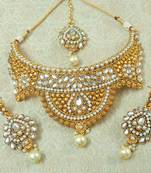 Lalso Designer Kundan Stone White Gold Plated Bridal Choker Necklace Earring Maangtikka Jewelry Set-LCN35_WT