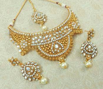 Lalso Designer Kundan Stone White Gold Plated Bridal Choker Necklace Earring Maangtikka Jewelry Set-LCN35_WT 2