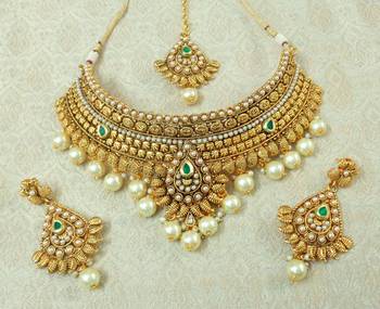 Lalso Designer Gold Plated Kundan Green Stone Pearl Drops Bridal Choker Necklace Earring Maangtikka Jewelry Set-LCN36_GR 1