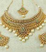 Lalso Designer Gold Plated Kundan Green Stone Pearl Drops Bridal Choker Necklace Earring Maangtikka Jewelry Set-LCN36_GR