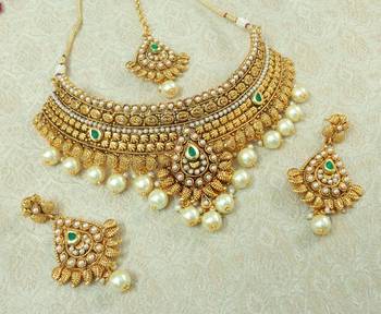 Lalso Designer Gold Plated Kundan Green Stone Pearl Drops Bridal Choker Necklace Earring Maangtikka Jewelry Set-LCN36_GR 2