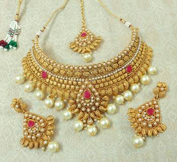 Lalso Designer Gold Plated Kundan Ruby Stone Pearl Drops Bridal Choker Necklace Earring Maangtikka Jewelry Set-LCN36_RB 1