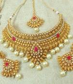 Lalso Designer Gold Plated Kundan Ruby Stone Pearl Drops Bridal Choker Necklace Earring Maangtikka Jewelry Set-LCN36_RB
