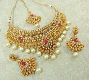 Lalso Designer Gold Plated Kundan Ruby Stone Pearl Drops Bridal Choker Necklace Earring Maangtikka Jewelry Set-LCN36_RB 2