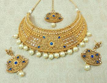 Lalso Designer Gold Plated Kundan Blue Stone Pearl Drops Bridal Choker Necklace Earring Maangtikka Jewelry Set-LCN37_BL 1