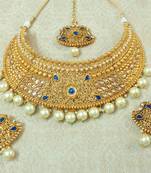 Lalso Designer Gold Plated Kundan Blue Stone Pearl Drops Bridal Choker Necklace Earring Maangtikka Jewelry Set-LCN37_BL