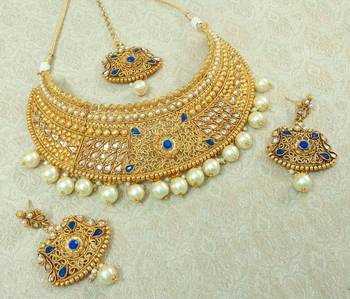 Lalso Designer Gold Plated Kundan Blue Stone Pearl Drops Bridal Choker Necklace Earring Maangtikka Jewelry Set-LCN37_BL 2