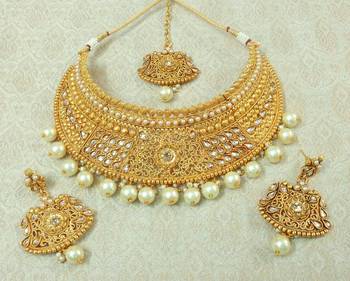 Lalso Designer Gold Plated Kundan LCT Stone Pearl Drops Bridal Choker Necklace Earring Maangtikka Jewelry Set-LCN37_LCT 1